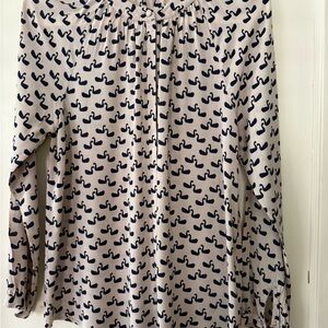 Boden Beige and Navy Swan Print Blouse